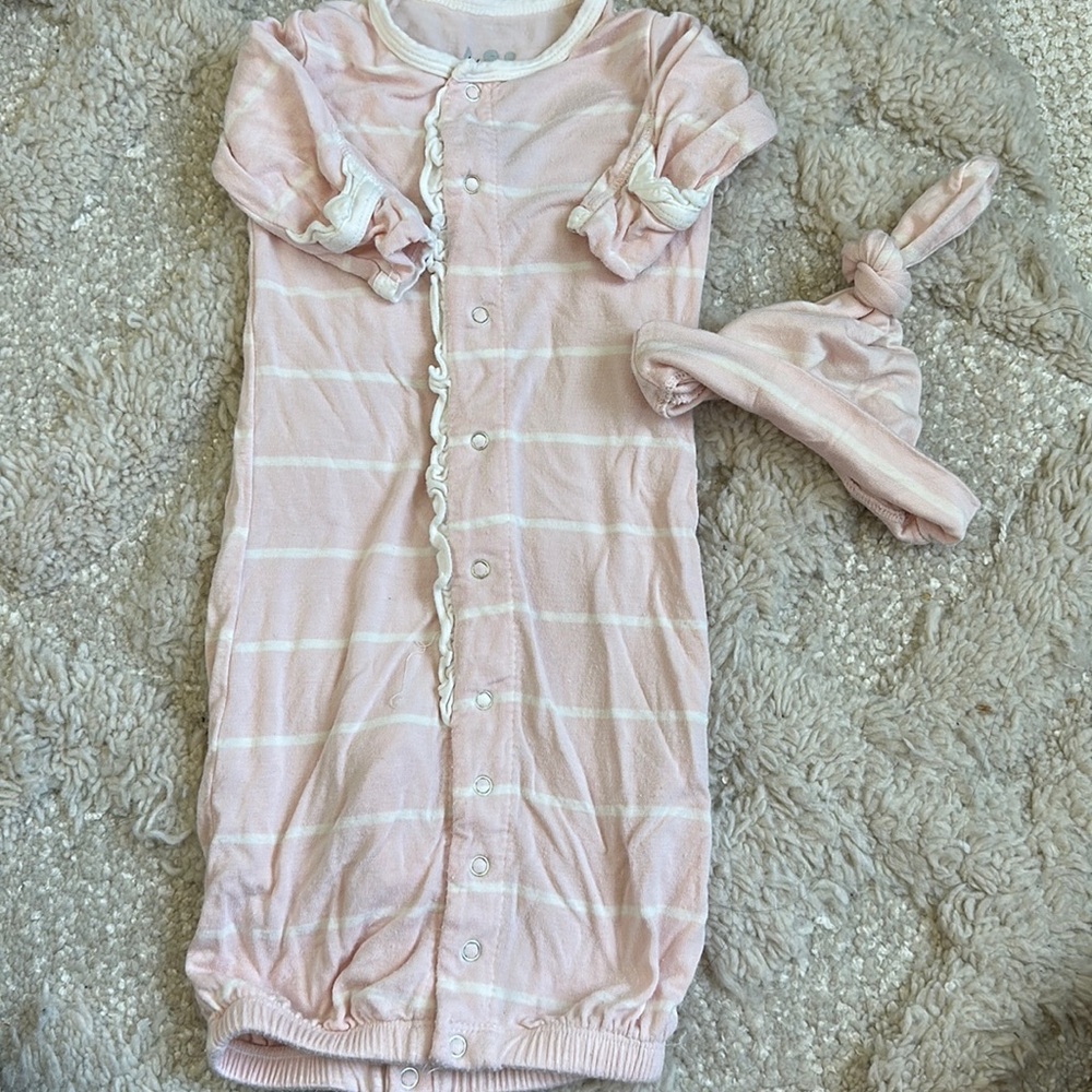 Kickee ruffle layette convertible gown with matching hat